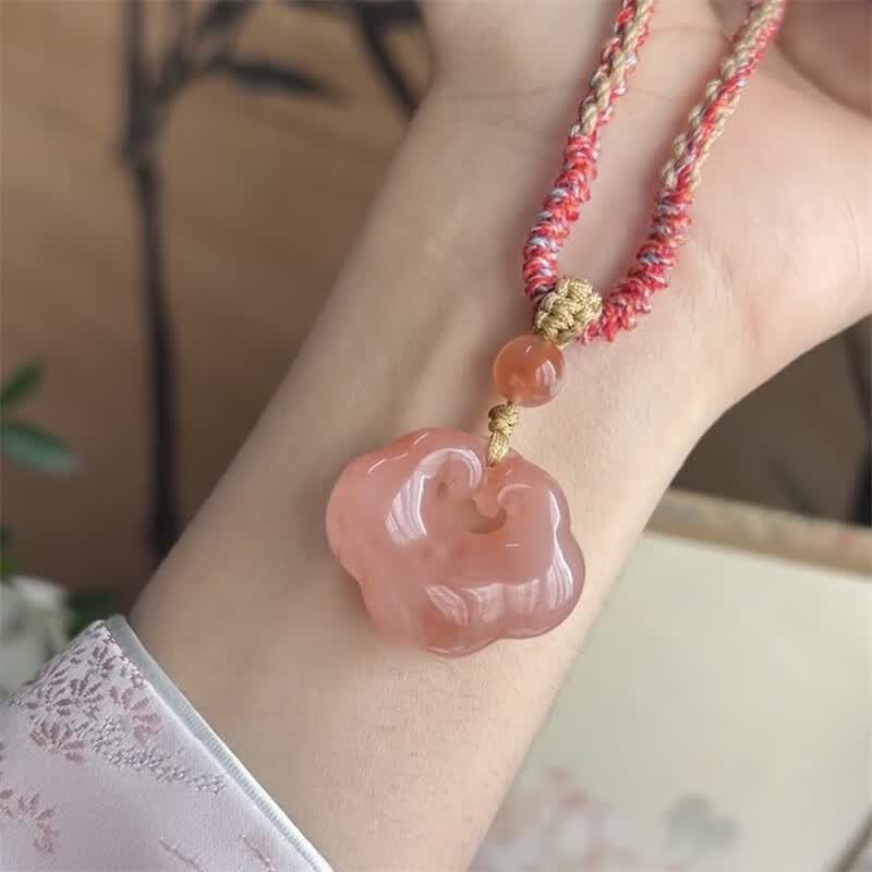 DOMAIWINS天然桃花酿如意锁吊坠女款金丝玉樱花粉色平安扣挂件无事牌毛衣链 金枝玉叶吊坠-带证书