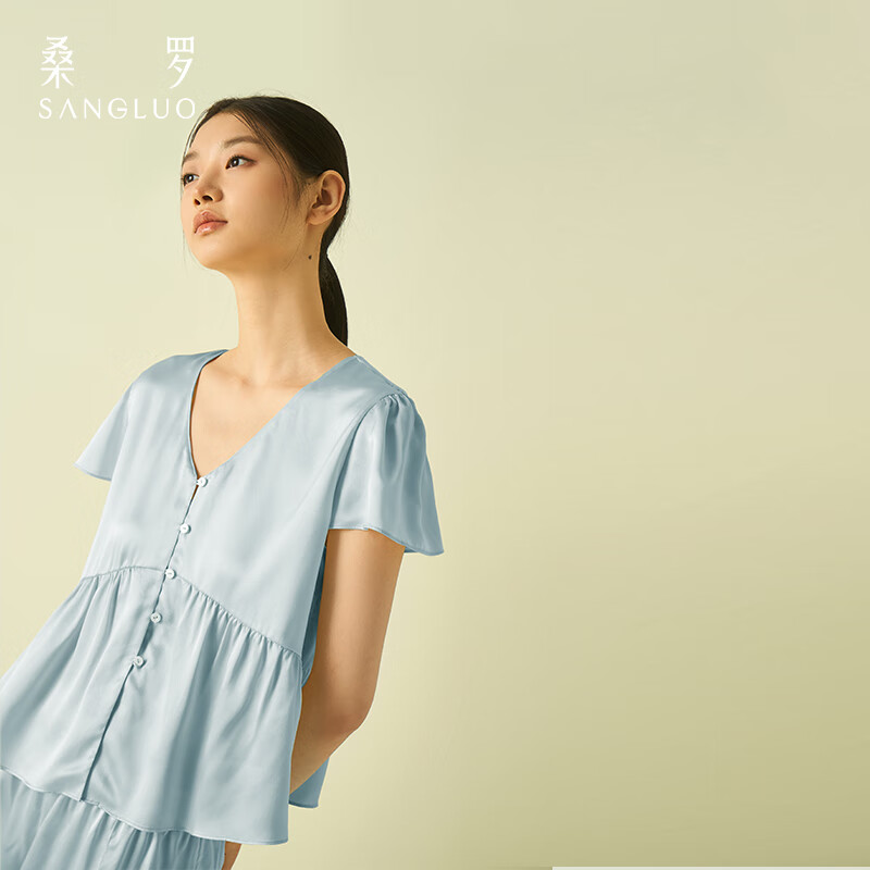 桑羅（SANGLUO）睡衣女真絲套裝商場同款三分甜公主孕媽媽通勤外穿家居服 淺藍(lán)色 XL