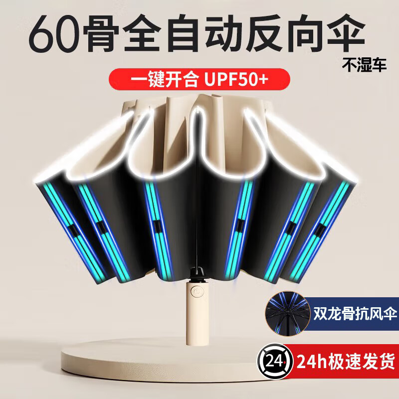 梔臻 車(chē)載全自動(dòng)反向雨傘 太陽(yáng)傘防曬防紫外線遮陽(yáng)傘男女士晴雨兩用傘 60骨加固反向全自動(dòng)雨傘-梧桐米