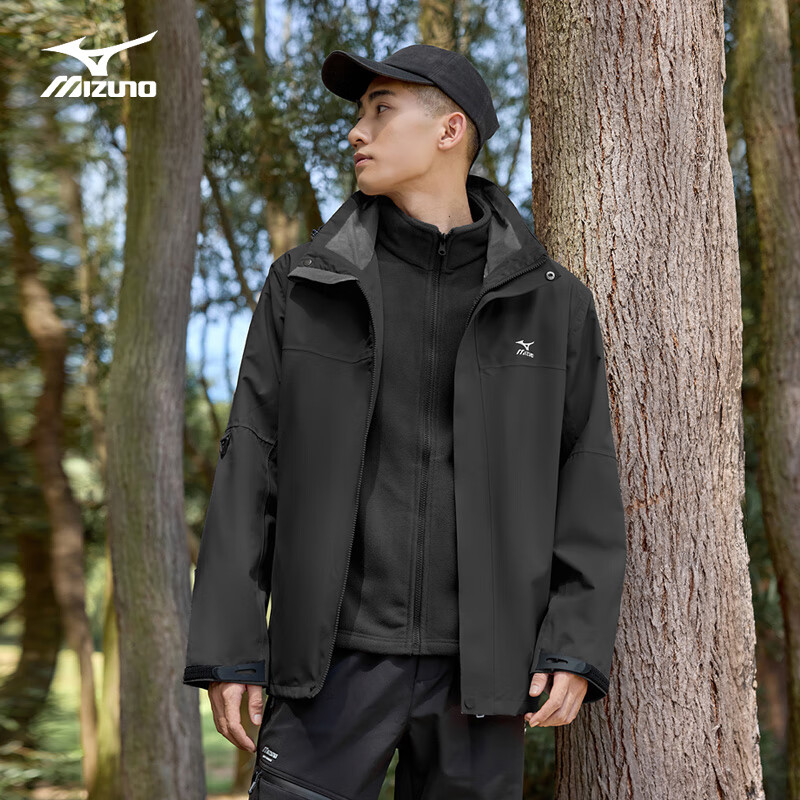 美津浓户外冲锋衣男夹克外套连帽防风防水三合一运动登山服 黑色 XL