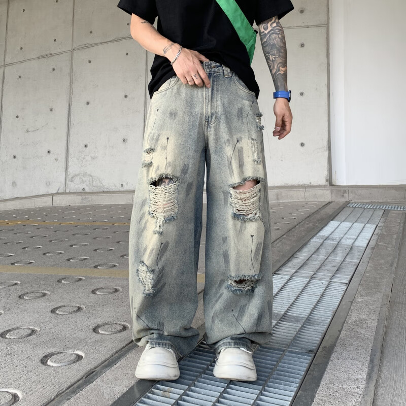 原创vibe破洞牛仔裤男夏季美式潮牌宽松休闲阔腿拖地裤子大码男装 蓝色91005-3 M