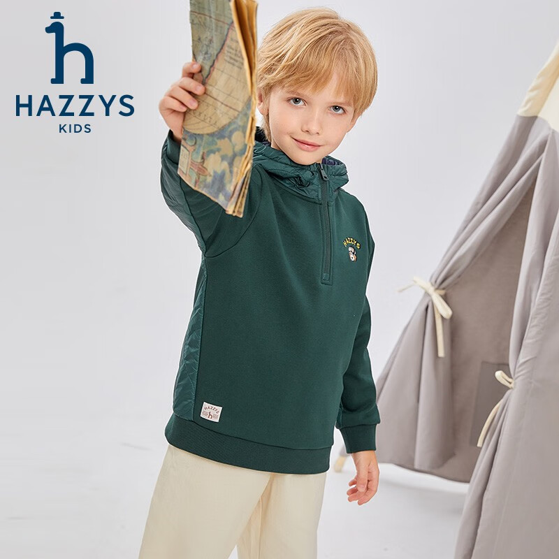 哈吉斯(HAZZYS)品牌童装男童卫衣冬新品舒适弹力加厚保暖一体绒连帽卫衣 深青绿 155