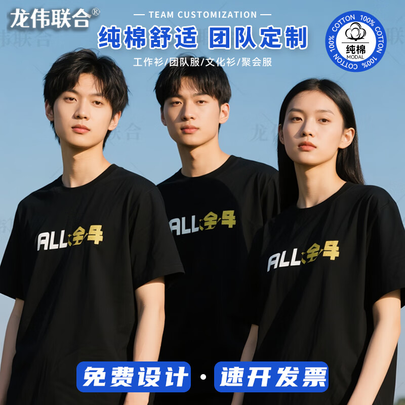 龍偉聯(lián)合純棉T恤定制印字短袖班服餐飲文化衫寬松情侶體恤廣告團(tuán)隊(duì)服印圖