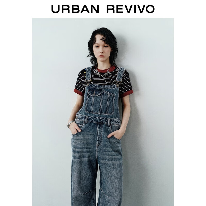 UR2025秋季新款女装潮流做旧水洗猫须牛仔背带裤UYV850122