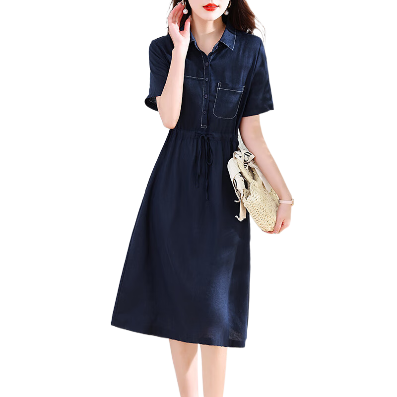鹿王戀雪純亞麻連衣裙2025年夏季新款女裝時(shí)尚休閑簡(jiǎn)約原宿風(fēng)連衣裙 藏青色 M 【90-110斤】