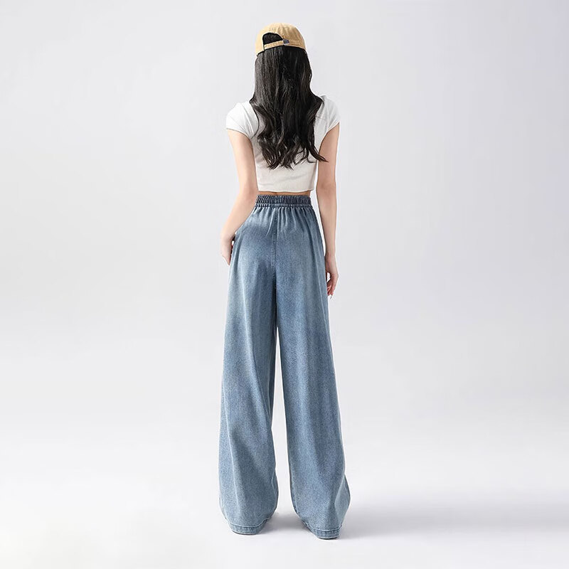 浪莎阔腿牛仔裤女春夏新款天丝凉感防晒休闲裤小个子轻薄高腰直筒裤子 怀旧蓝 【凉感天丝轻薄款】 S 【推荐80-95斤】