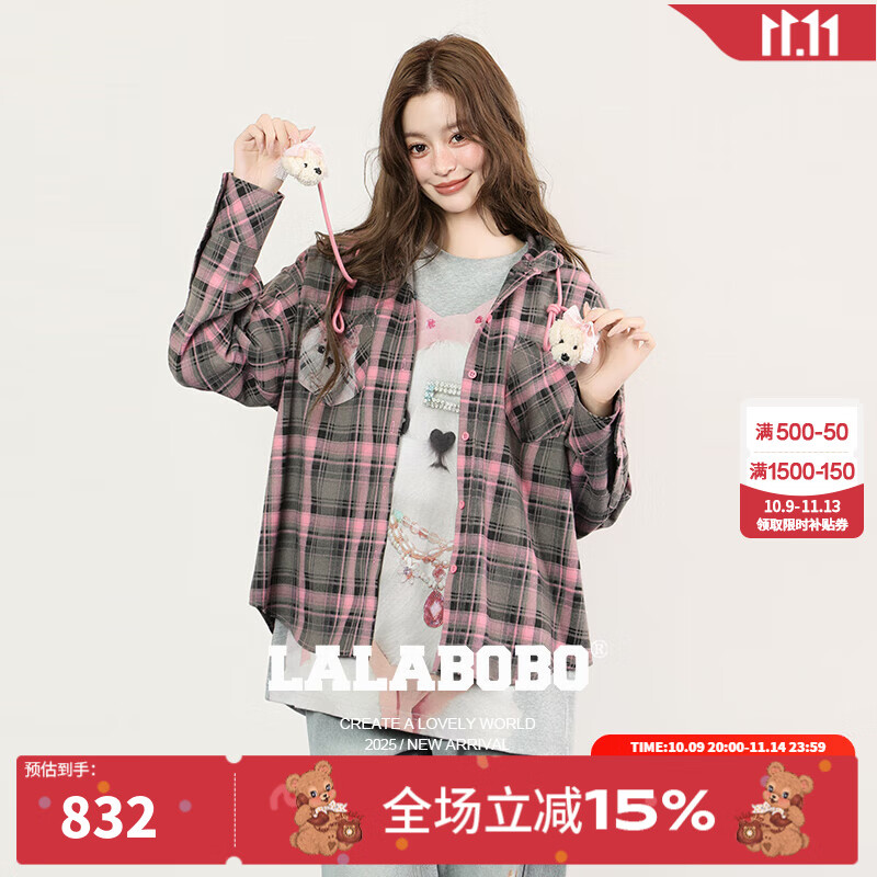 拉拉波波【快乐护卫队系列】LALABOBO衬衫25年秋新款原创格子印花连帽上衣 M