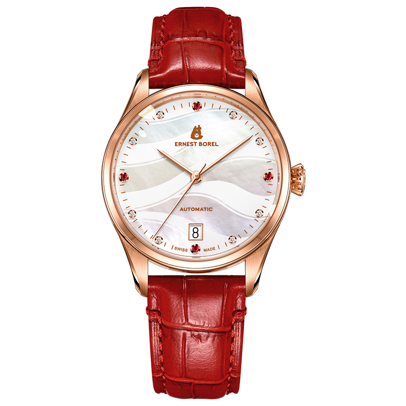 依波路（ERNEST BOREL）瑞士女士手表 新年禮物 鑲鉆蝴蝶花紅皮帶機(jī)械女表送老婆送女友