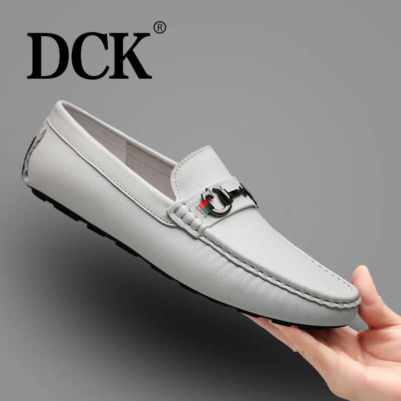 DCK男士商务休闲皮鞋男软皮软底真皮豆豆鞋男一脚蹬鞋子英伦皮鞋男鞋 白色 98516 45 (适合运动鞋46码)