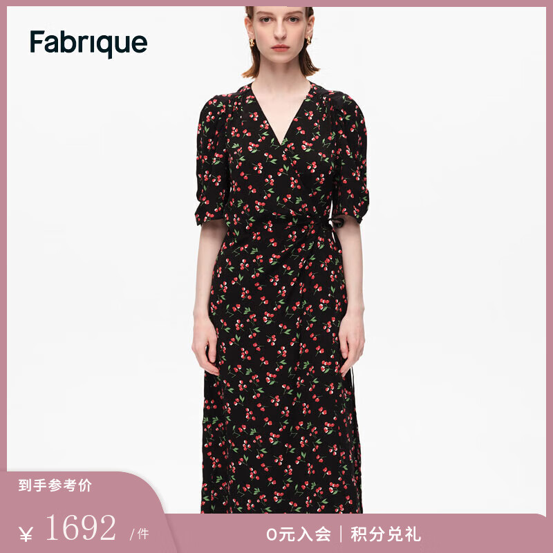 Fabrique6A級桑蠶絲櫻桃印花連衣裙女2024夏季新款法式茶歇裙 黑色 L