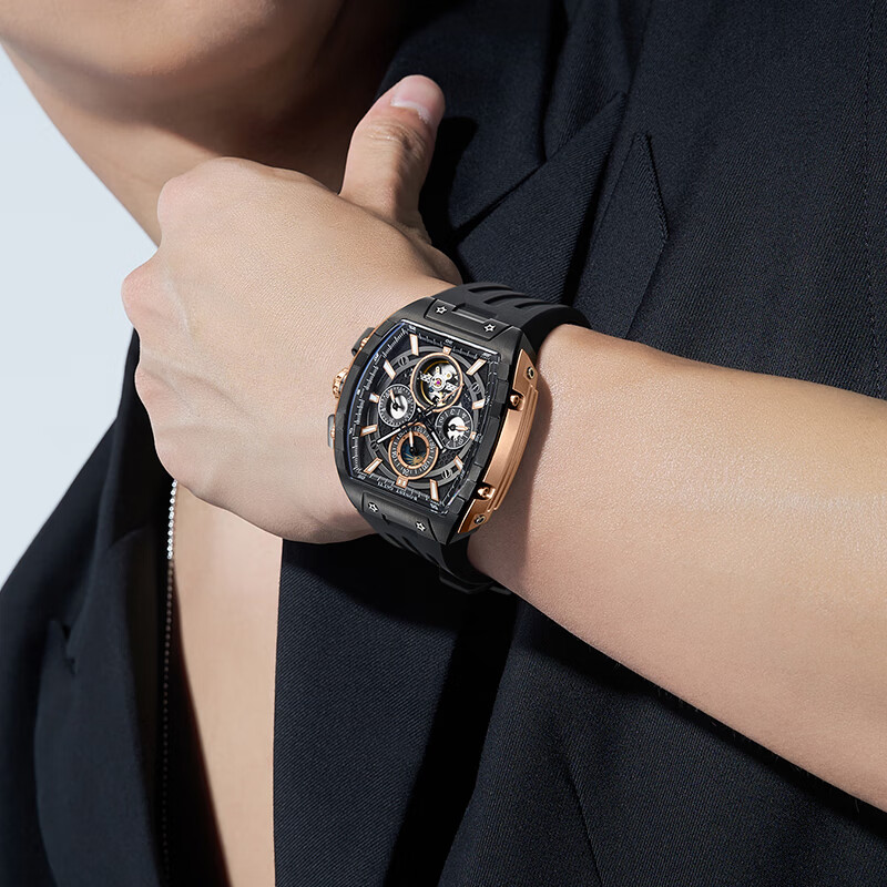 布加迪（BONEST GATTI）德国表全自动机械表镂空手表夜光男士腕表新年情人节礼物送男友 BG5005-R3黑壳黑面黑胶带