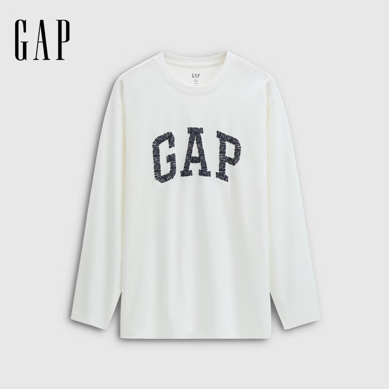 GAP男女装2025秋季新款logo纯棉宽松圆领长袖T恤休闲上衣 白色 2XL (185/104A) 亚洲尺码
