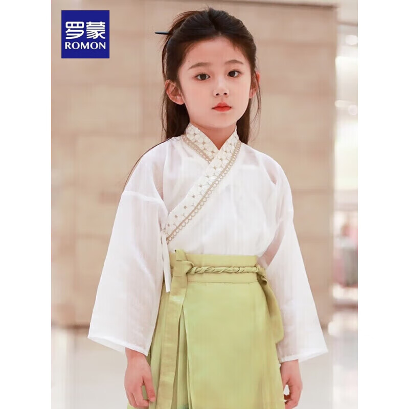 罗蒙毕业儿童节女童马面裙汉服夏儿童古风2026新款国风半身裙演出服 白色-交领长袖【单上衣】 100