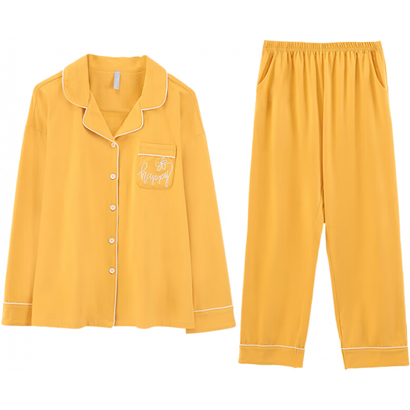 富妮來簡約純侶家居服舒適柔軟翻領(lǐng)睡衣兩件套長袖秋套裝 18054女-亮黃 M