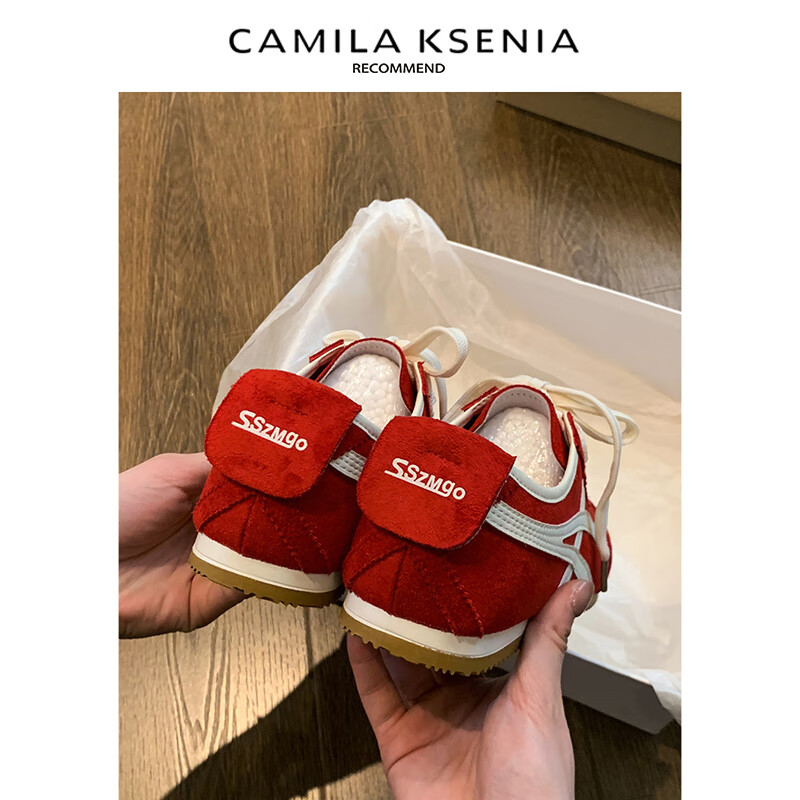 CAMILA KSENIA德训鞋女士2026新款夏季休闲百搭阿甘运动鞋薄款气质拼色平底板鞋 红色 37