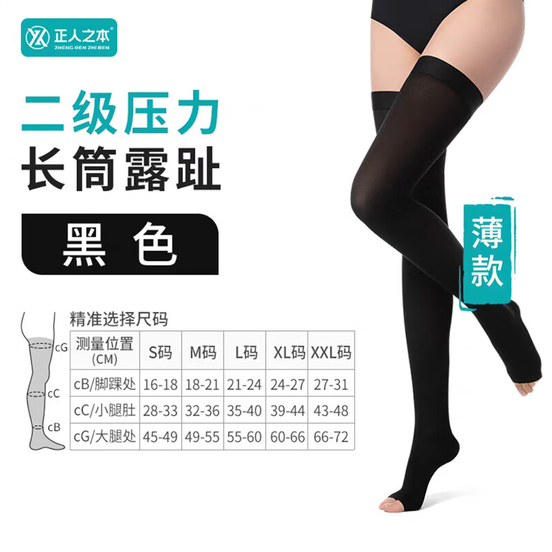 正人之本防静脉曲张弹力袜Ⅱ二级压力袜医用级治疗型抗血栓抗水肿术后恢复 【医用薄款】长筒露趾 黑色 二级压力 XXL码 参考体重150斤以上