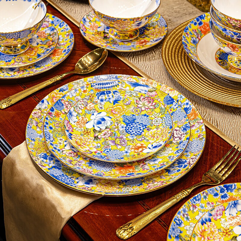 图鲤新款景德镇轻奢珐琅彩餐具宫廷风万花珐琅彩碗盘碟家用整套送礼 珐琅彩金地万花 70头