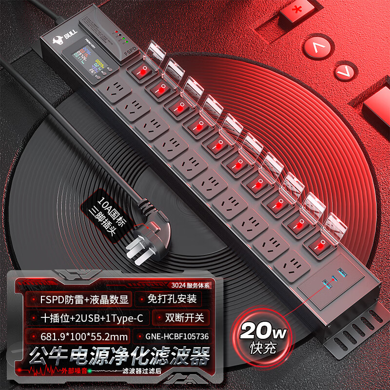 公牛pdu濾波插排音響濾波器插座電競pdu桌面防雷插座HiFi排插降噪接線板 濾波防雷+計量 分控10位+2U1C 1.5平線徑 10A插頭
