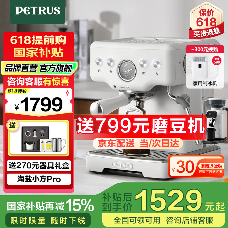 柏翠意式咖啡机浓缩家用小型办公室58mm全半自动蒸汽打奶泡 海盐小方Pro PE3833 送礼 海盐小方Pro