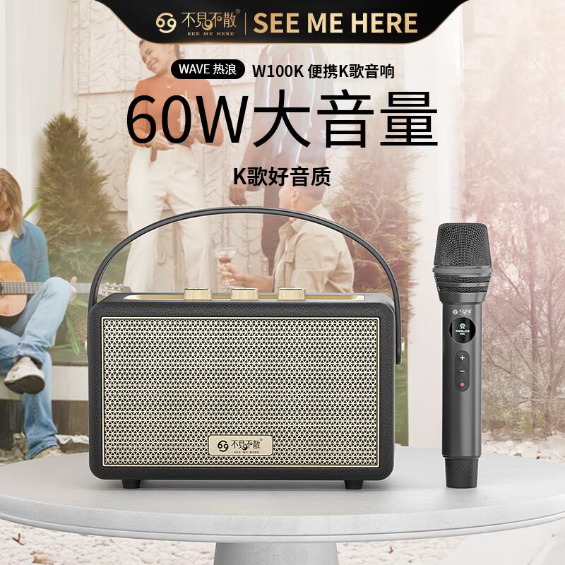 不见不散W100K蓝牙音响家庭K歌一体机麦克风家用套装ktv全套设备声卡连电视连手机便携式插卡U盘专业音箱 乳酪白【单麦】