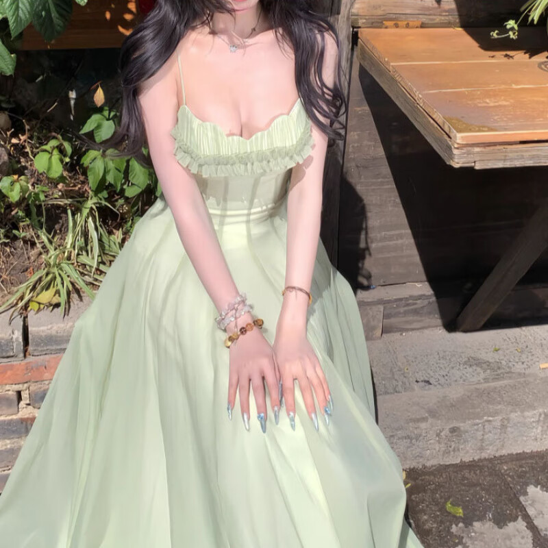 UKUHPK度假风连衣裙女2025夏季法式吊带裙长裙网纱裙子 短款连衣裙 S