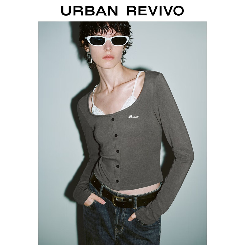 UR秋季新款女假两件拼接蕾丝字母刺绣长袖T恤UYV450185+ 深灰 S