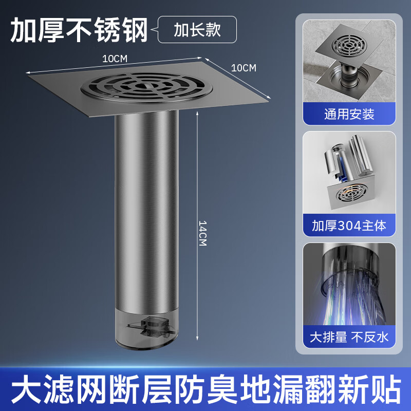 Jeonestan【德国】不锈钢断层地漏翻新器改造卫生间下水道盖板过滤防臭堵塞 【加长款】大滤网断层防臭地漏贴
