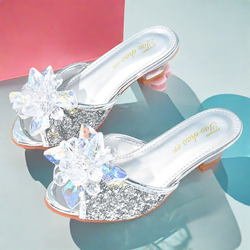 洛之潮银色儿童灰姑娘水晶鞋闪亮洋气女童高跟拖鞋室内外穿公主凉拖鞋