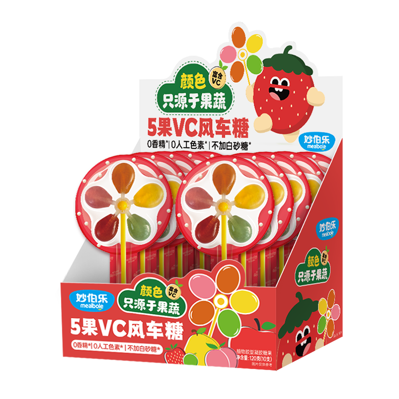 妙伯樂(lè)5果VC風(fēng)車糖10支棒棒糖果無(wú)添加蔗糖富含VC果汁軟糖兒童零食t