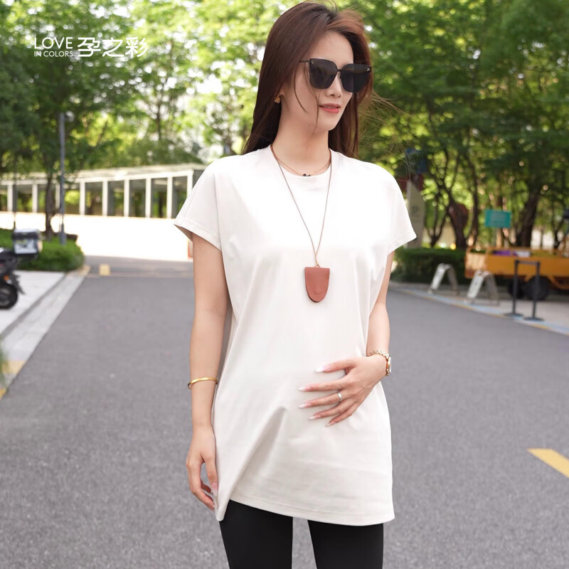 孕之彩孕妇夏季上衣中长款遮盖屁股短袖女宽松大码胖M圆领纯色T恤 灰白色 M