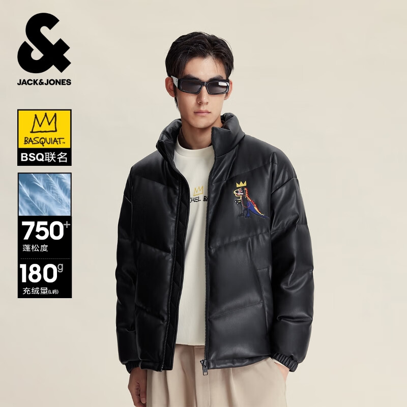 杰克·琼斯（JACK&amp;JONES）男装25年秋冬季BSQ联名PU羽绒服男士短款鸭绒服外套仿皮易打理 E43纯黑色 第一批 XL （185）