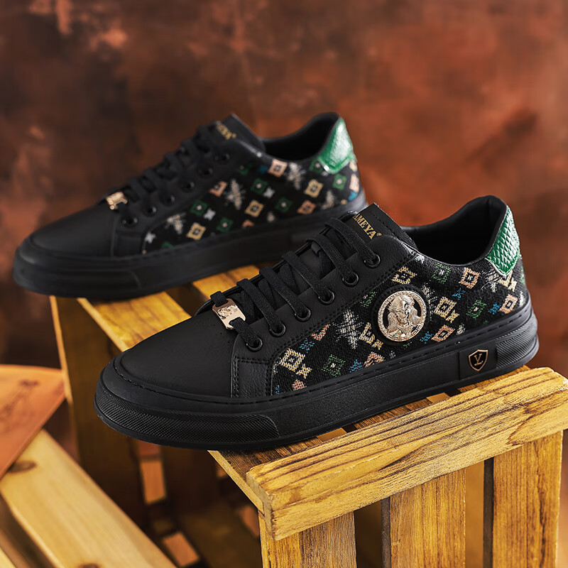 杜莎米娅夏季男鞋潮流新款透气小白鞋重工刺绣手工男士休闲鞋低帮防滑板鞋 黑色 44