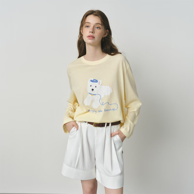 范思蓝恩薄款小狗长袖t恤女秋季2025新款慵懒松弛感宽松上衣3167 黄色 M