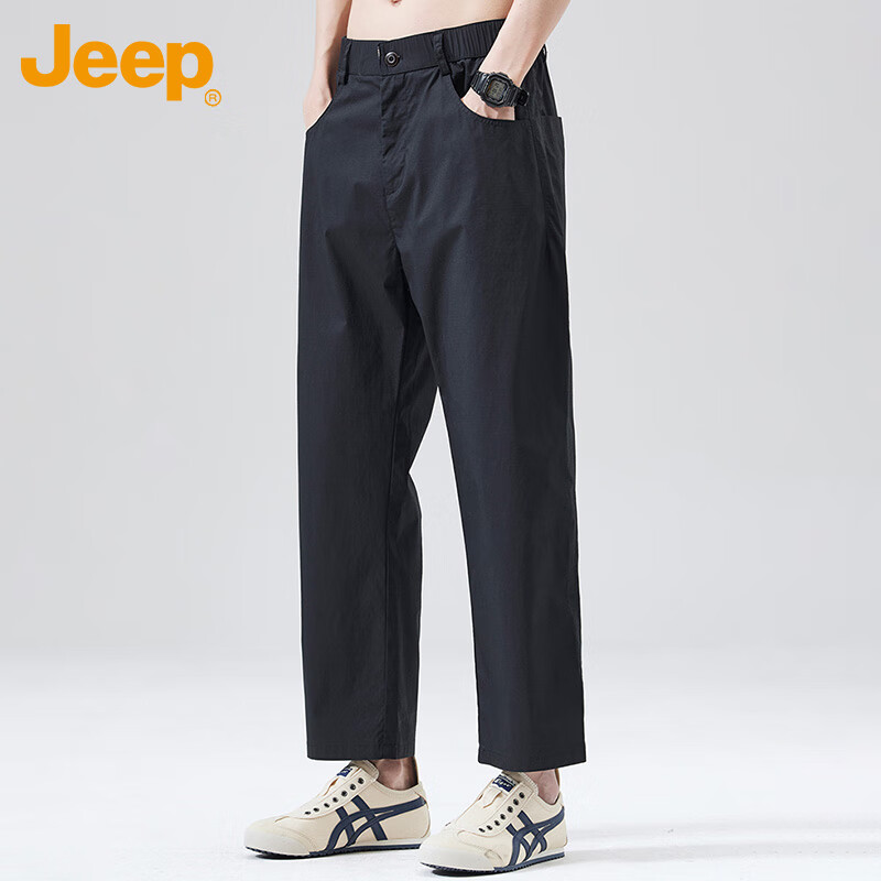 吉普（JEEP）冰丝裤男夏季凉感透气宽松九分裤子男士运动休闲直筒裤 黑色  XL