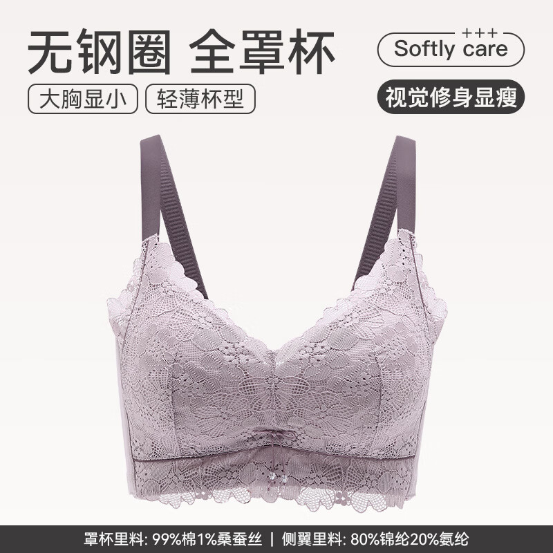 芬腾女士内衣无钢圈胸罩性感蕾丝聚拢上托大胸显小防下垂大码文胸 豆沙紫【蕾丝全罩杯】 75B