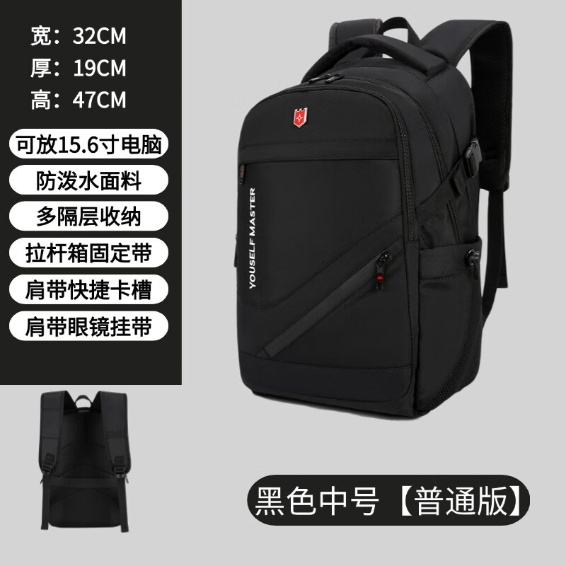 天胤男士双肩包背包商务旅行旅游大��量电脑包初高中学生书包登山包 黑色中号【标准版】