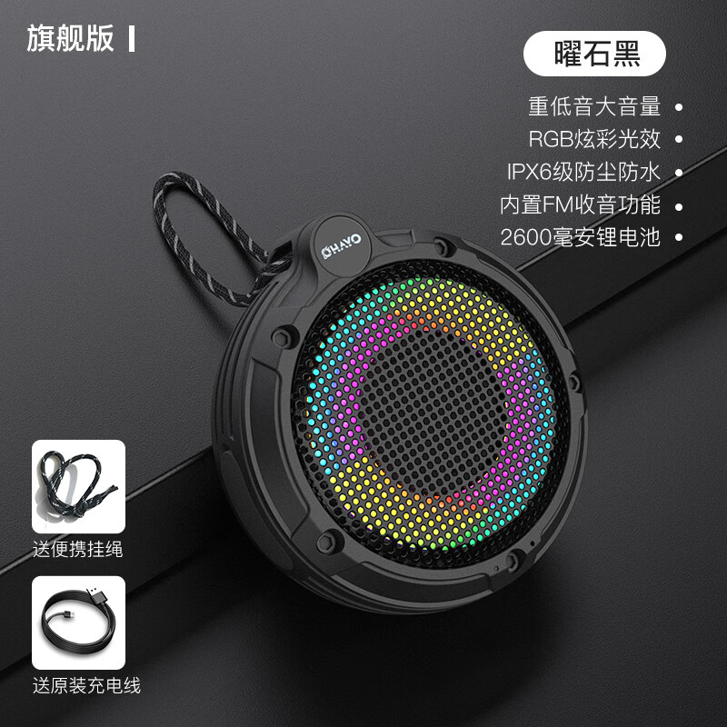雷登S5 蓝牙音箱大音量音响无线家用户外便携车载迷你小型低音炮 曜石黑[环绕音效/RGB灯效/2600毫 套餐一标配+16内存卡+音乐读卡器