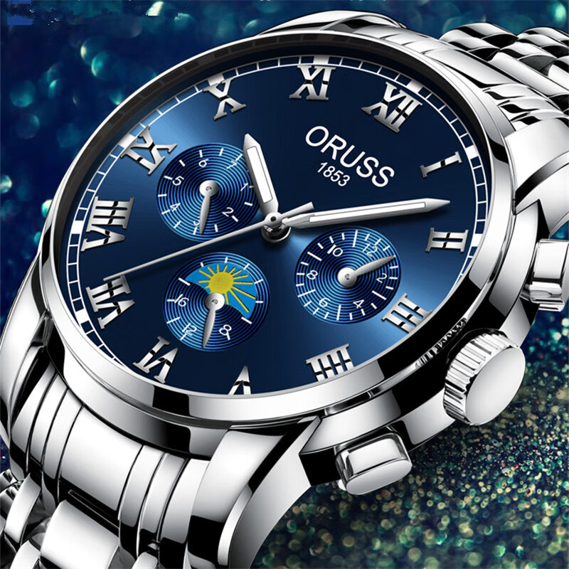 (0.01)全自动机芯夜光运动防水石英表圆形指针式玻璃日历国产械腕表男士 旋风银带蓝面无日历