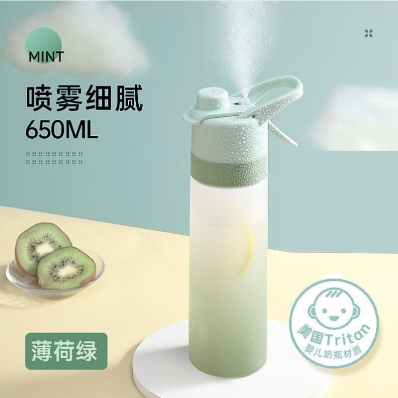 WCZ德国tritan喷雾水杯夏天运动健身军训水壶大容量男女儿童上学专用 薄荷绿650ML【Tritan健康材质-超