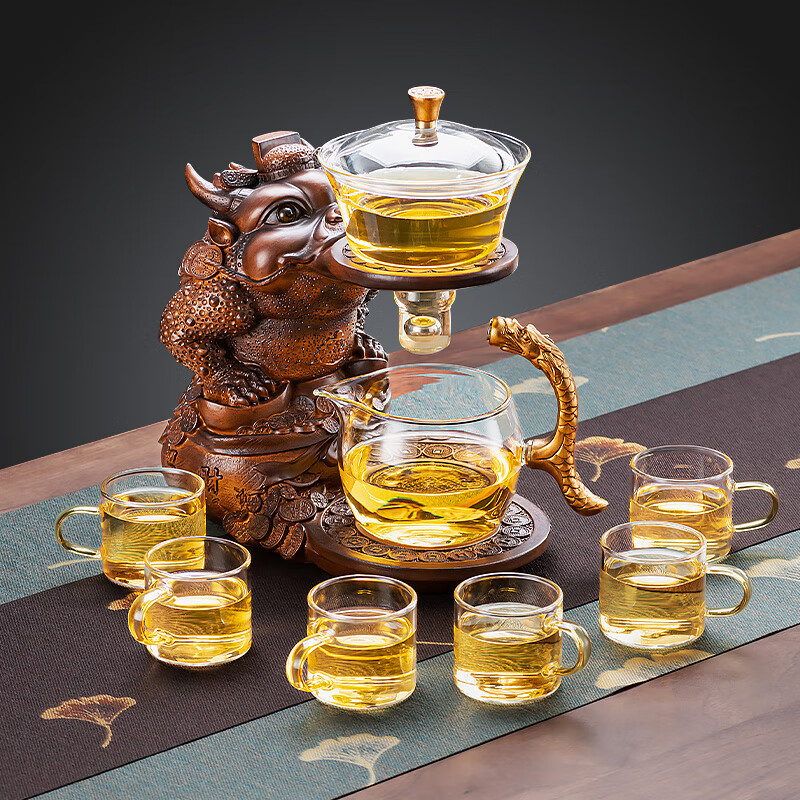 心茧玻璃自动茶具套装办公高档整套懒人防烫泡茶壶功夫杯加厚耐热商务 自动（进宝金蟾）+六金把杯 京东折扣/优惠券