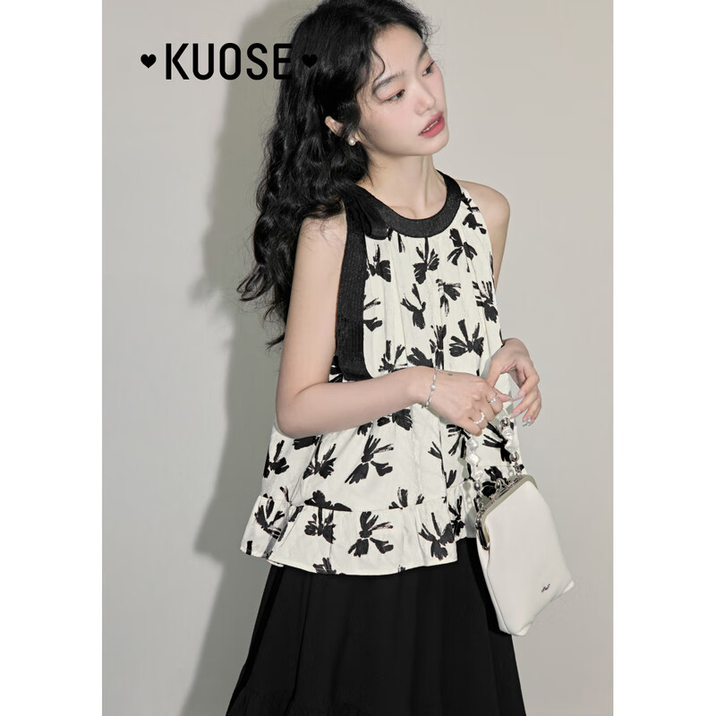 闊色（kuose）水墨印花蝴蝶結(jié)掛脖上衣2025夏新款女無袖新中式國風吊帶背心 花色5025現(xiàn)貨 S