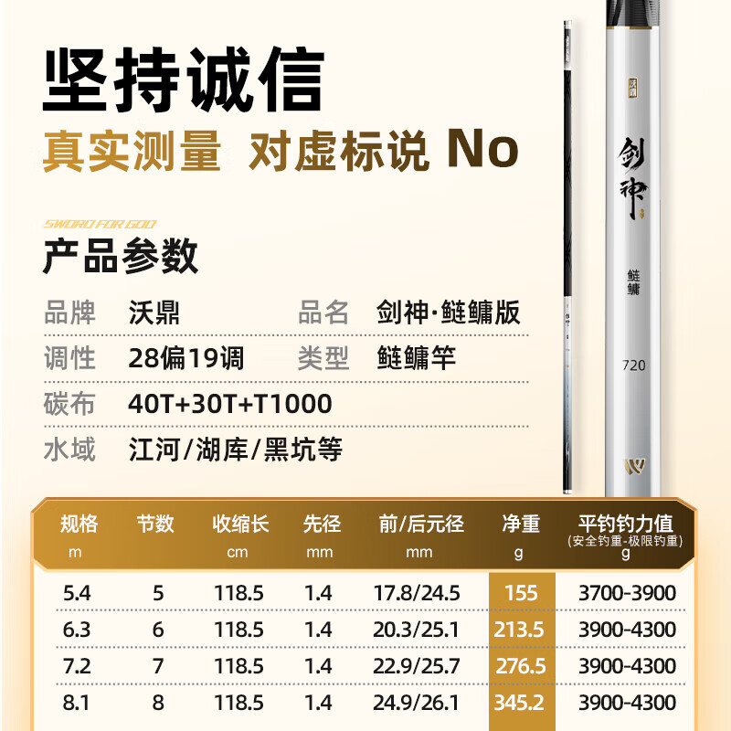沃鼎剑神鱼竿钓鱼竿轻量大物竿超轻超硬鱼杆手竿鲢鳙竿鲫鱼竿台钓竿 7.2m 【轻盈手感-力拔大物】