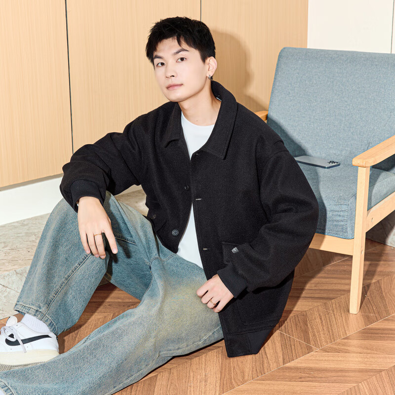 唐獅毛呢外套男2024秋冬季新款翻領工裝毛呢大衣外套短款加厚保暖 黑色 M