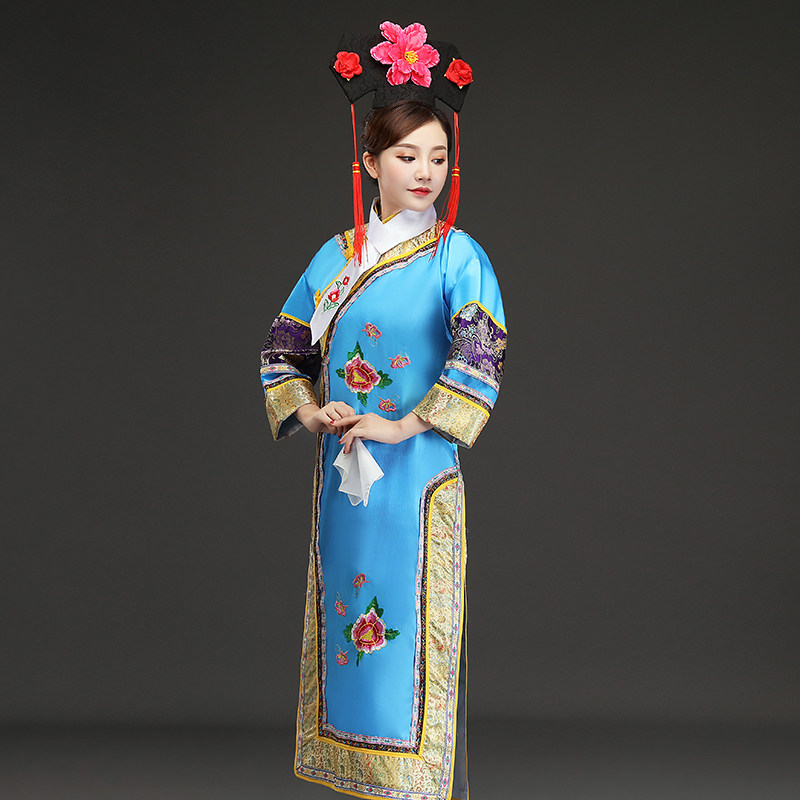 格格旗袍清朝满族古装女还珠服装宫女甄嬛传大码演出服饰 蓝色格格服