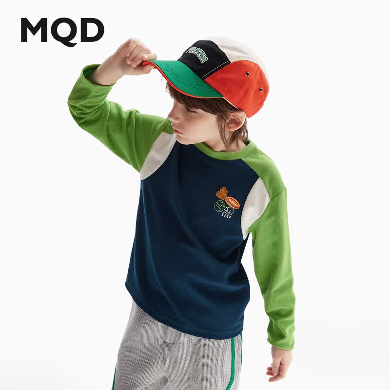 马骑顿（MQD）童装男童华夫格春秋款儿童撞色拼块圆领长袖T恤 藏青 130