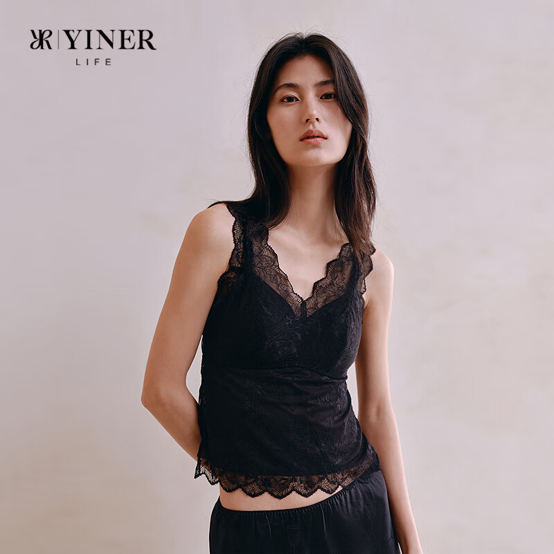 音兒（YINER）內(nèi)衣【明星同款】蝴蝶蕾絲美背吊帶背心女內(nèi)搭帶胸墊無(wú)鋼圈文胸 黑色（長(zhǎng)款） L