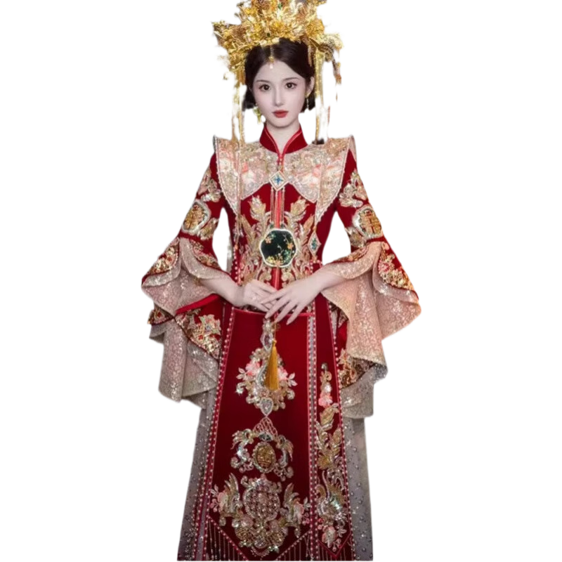 溫彌秀禾服新娘絲絨大碼胖mm結(jié)婚顯瘦鳳冠霞披婚服重工中式婚紗禾秀服 雨曦款+金色皇冠 2XL