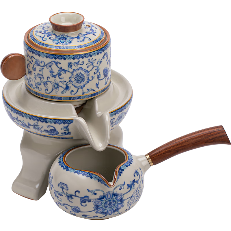 心去處汝窯繁花懶人泡茶神器家用自動(dòng)泡茶壺功夫茶具套裝送長(zhǎng)輩 繁花米黃汝窯3頭石磨自動(dòng)茶具