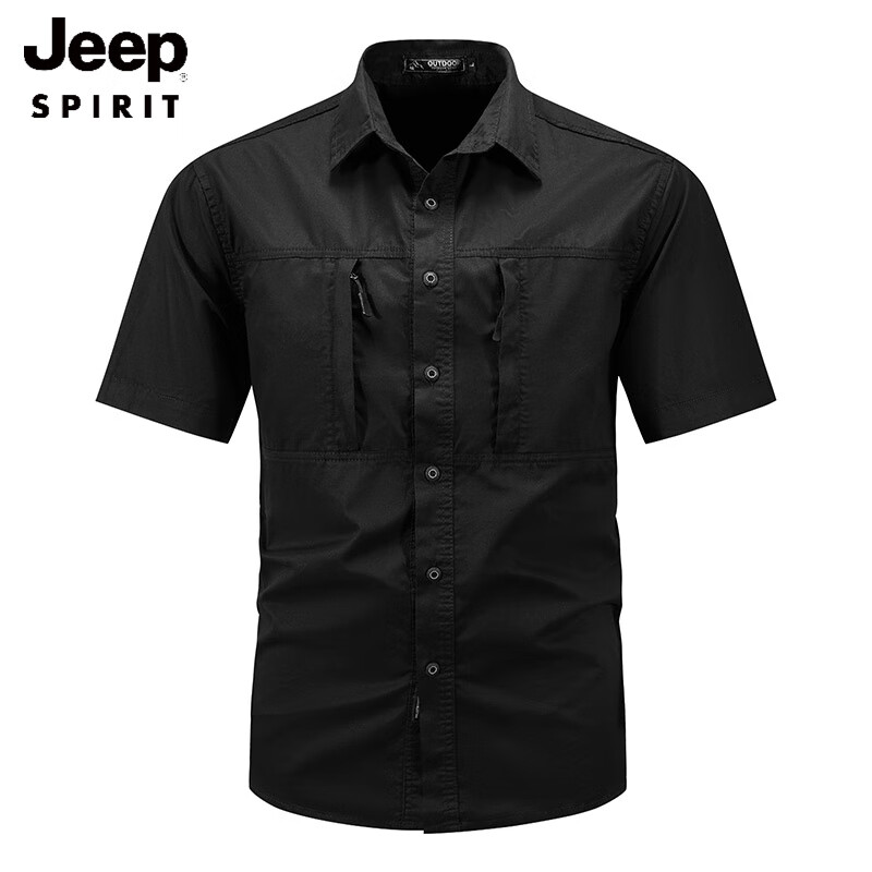 JEEP SPIRIT多口袋工裝2025男裝夏季新款戰(zhàn)術休閑襯衫水洗純棉短袖襯衫衣薄款 黑色 M