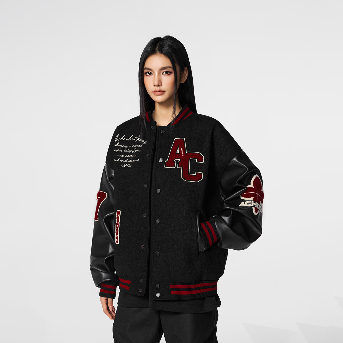 A CHOCK【苏新皓同款】美式复古撞色棒球服外套毛巾绣新款飞行员夹克潮 黑色 S